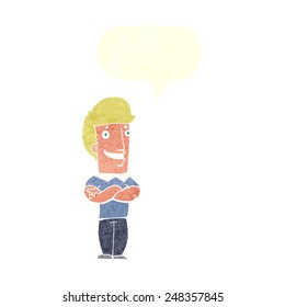 cartoon man with folded arms grinning with speech bubble
