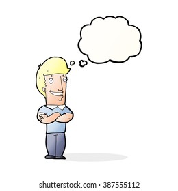 cartoon man with folded arms grinning with thought bubble