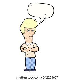 cartoon man with folded arms with speech bubble