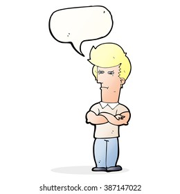 cartoon man with folded arms with speech bubble