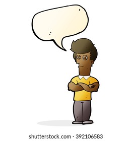 cartoon man with folded arms with speech bubble