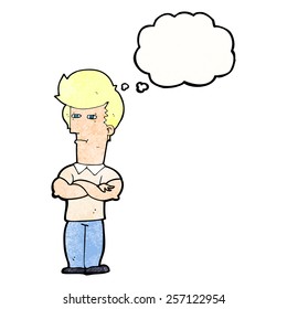 cartoon man with folded arms with thought bubble