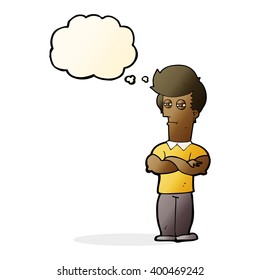 cartoon man with folded arms with thought bubble