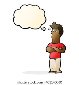 cartoon man with folded arms with thought bubble
