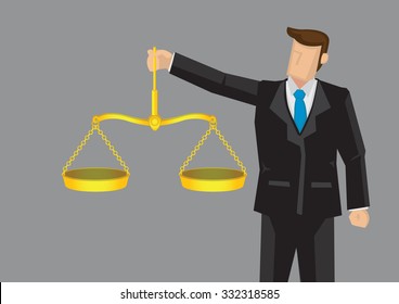 Cartoon man in formal suit holding golden balance scales, like Scales of Justice. Vector illustration for concept on upholding professional ethics isolated on grey background.