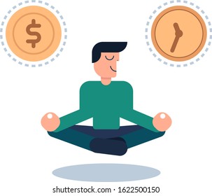 Cartoon man found his balance with time and money. Man sitting and mindful meditating in lotus in zen peace and mental calmness. Flat vector illustration on white background