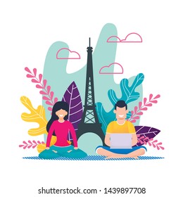 Cartoon Man Freelancer and Sporty Woman on Vacation Abroad in Europe. Girl Meditating, Doing Yoga Exercise. Busy Guy Remotely Working on Laptop. Summer, Job and Recreation. Vector Flat Illustration