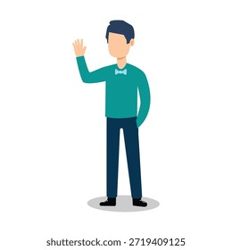 A cartoon man with a friendly expression, waving his hand in a greeting gesture. He is dressed in a green shirt and blue pants, with a bow tie and black shoes. The illustration is simple, yet vibrant and colorful, making it perfect for use in various digital applications, such as animations, graphics, and icons.