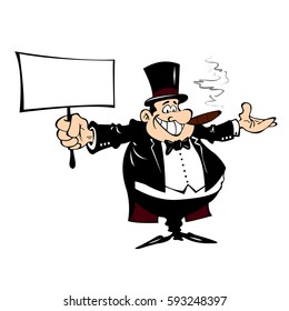 Cartoon man in a frock coat with a sign in his hand on a white background.