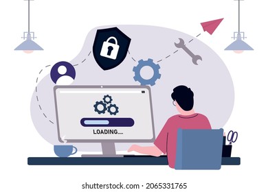 Cartoon man in front of computer with system update. Handsome guy on workplace. Improvement change new version. Computer screen with loading. Installing update process. Flat vector illustration