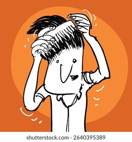 cartoon man funny illustration, sketch of a man combing his hair