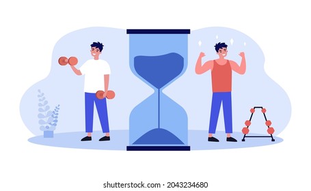 Cartoon man gaining muscles after working out. Male character lifting dumbbells flat vector illustration. Sports, fitness, motivation concept for banner, website design or landing web page