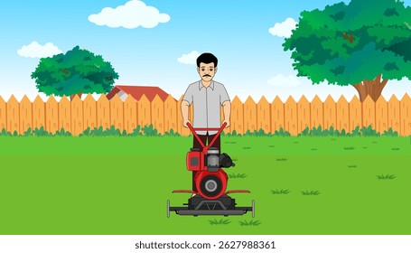 Cartoon Man with Garden Grass Cutting Machine Vector, Garden Background Illustration