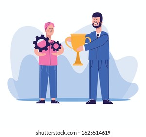 cartoon man with gear wheels and businessman holding a trophy cup over white background, colorful design, vector illustration