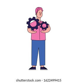 cartoon man with gear wheels over white background, colorful design, vector illustration