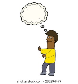 caricaturista con gestos con burbuja de pensamiento