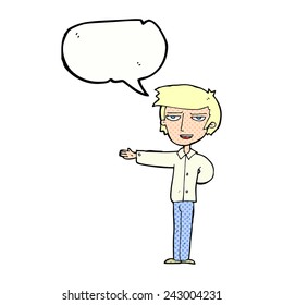 cartoon man gesturing welcome with speech bubble