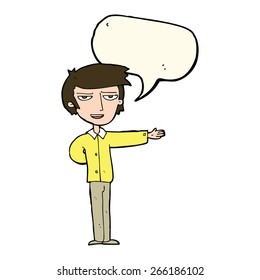 caricaturista gestando bienvenida con burbuja de discursos