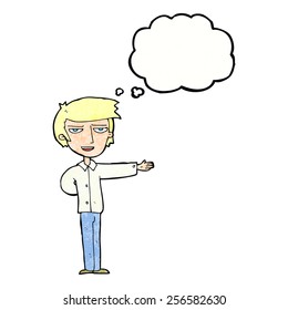 cartoon man gesturing welcome with thought bubble