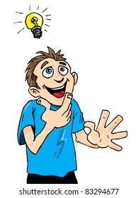 Cartoon man gets a bright idea. A light bulb above his head