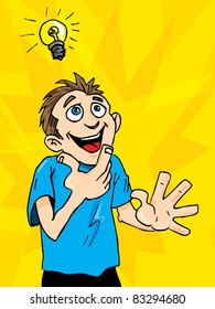 Cartoon man gets a bright idea. A light bulb above his head