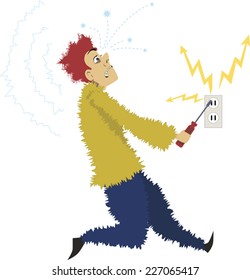 Cartoon man gets electrocuted sticking a screwdriver into an electric socket, vector illustration