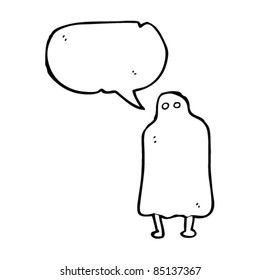 cartoon man in ghost costume with speech bubble