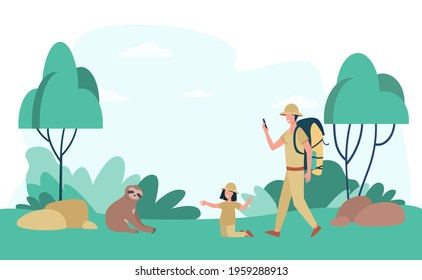 Cartoon man and girl enjoying jungle travelling, watching sloth. Flat vector illustration. Father and daughter making trip or journey together. Family, travel, jungle, wild nature concept