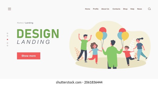 Cartoon man giving colorful balloons to children. Flat vector illustration. Happy smiling kids getting balloons from man. Present, party, happiness, joy, charity concept for banner design