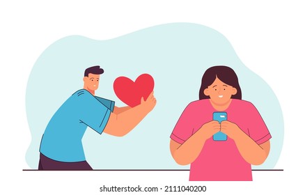 Cartoon man giving heart to woman browsing smartphone. Girl not paying attention to male character flat vector illustration. Unrequited love, romance concept for banner, website design or landing page