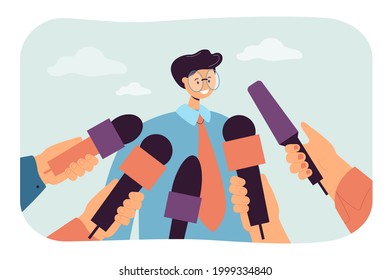 Cartoon man giving opinion to public press. Hands holding mics, guy giving interview or comments flat vector illustration. Television, journalism concept for banner, website design or landing web page