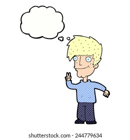 cartoon man giving peace sign with thought bubble