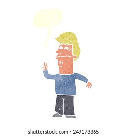 cartoon man giving peace sign with speech bubble