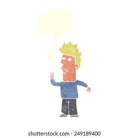 cartoon man giving peace sign with speech bubble