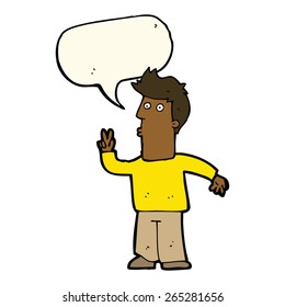 cartoon man giving peace sign with speech bubble