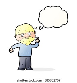 cartoon man giving peace sign with thought bubble