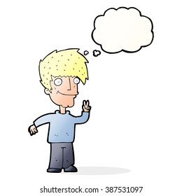 cartoon man giving peace sign with thought bubble