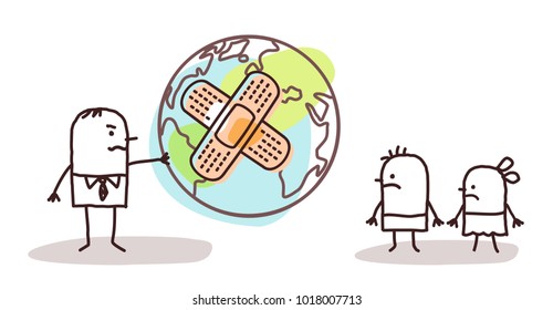 Cartoon Man Giving a sick Planet to his Children