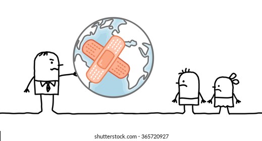 cartoon man giving a sick planet to his children
