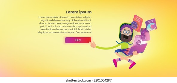 A cartoon man with glasses and a laptop presses the buy button. Vector banner