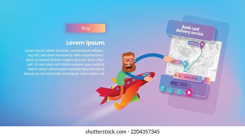 Cartoon man with glasses on a plane presses the buy button. Vector banner