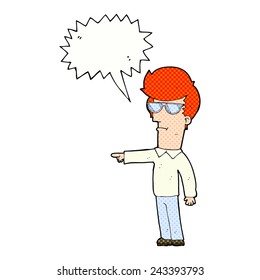 cartoon man in glasses pointing with speech bubble