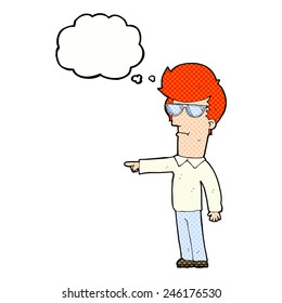 cartoon man in glasses pointing with thought bubble