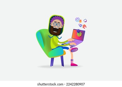 A cartoon man with glasses is sitting on a chair and holding a lab top. Vector banner