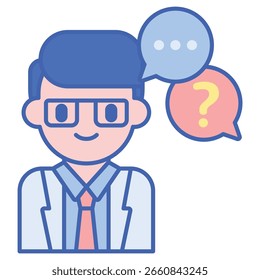 Hombre de dibujos animados con gafas y burbujas de discurso: Pensamiento y pregunta