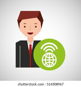 cartoon man global connected wifi vector illustration eps 10