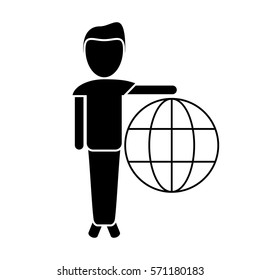 cartoon man globe connection technology pictogram