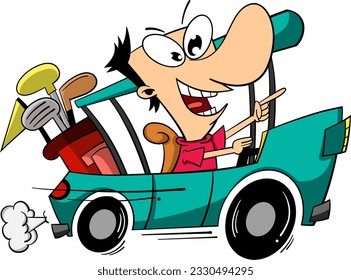 cartoon man go for playing golf in golf cart vector illustration.