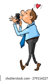 Cartoon man goes and kisses paper letter with love and admiration