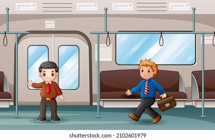 Cartoon man going to work riding the public transport